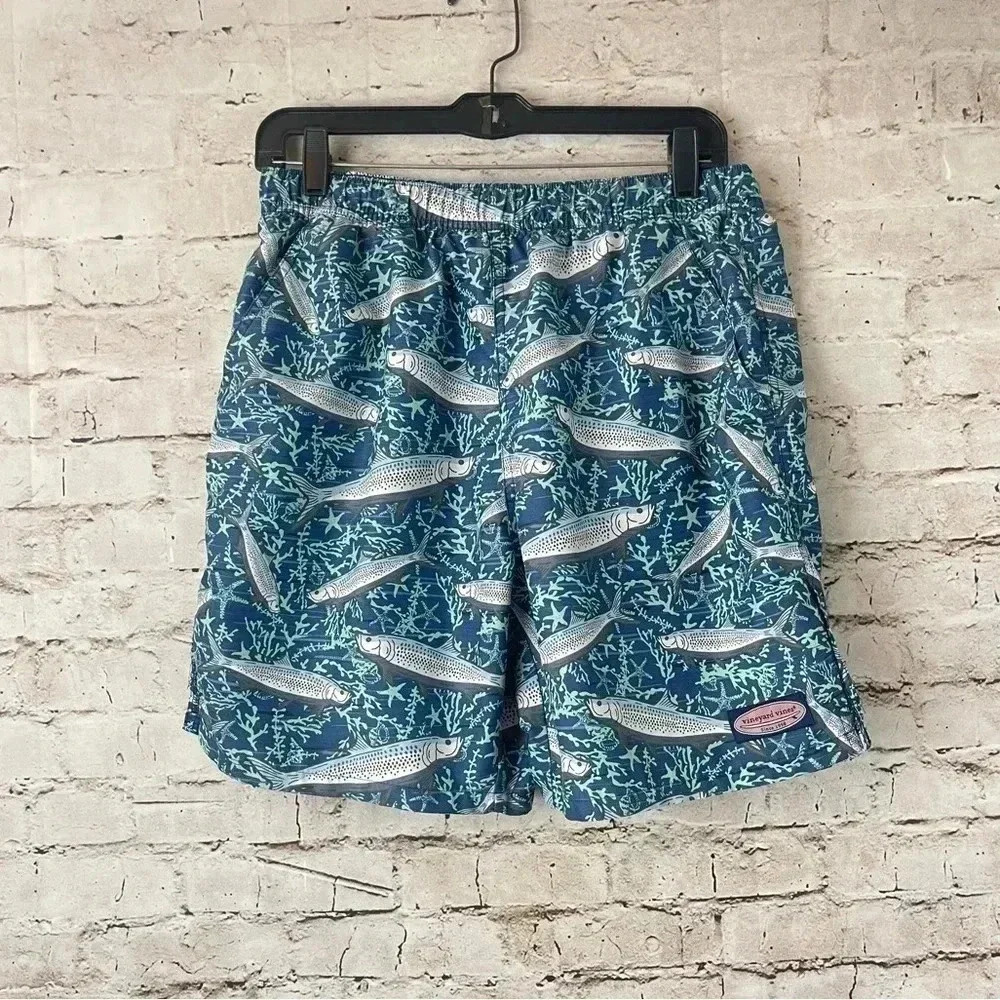 Vineyard Vinces Men's Tropical Tarpon Chappy Trunks Small Swim Blue Fish Sm S